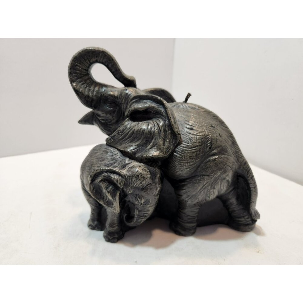 Vintage Grey Elephant And Calf Candle Realistic Great Details 7" Long by 6" Tall